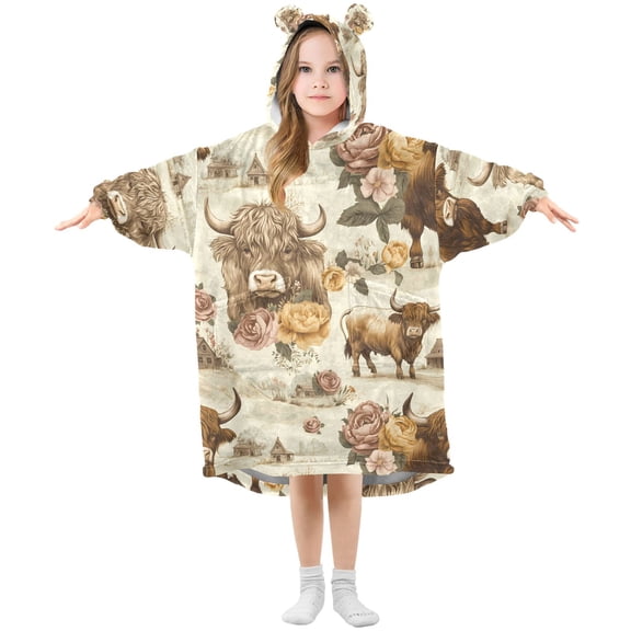 joogoo Wearable Blanket Hoodie for Highland Cattle Flower-w1 Oversized Sherpa Hooded 3-14 YR M