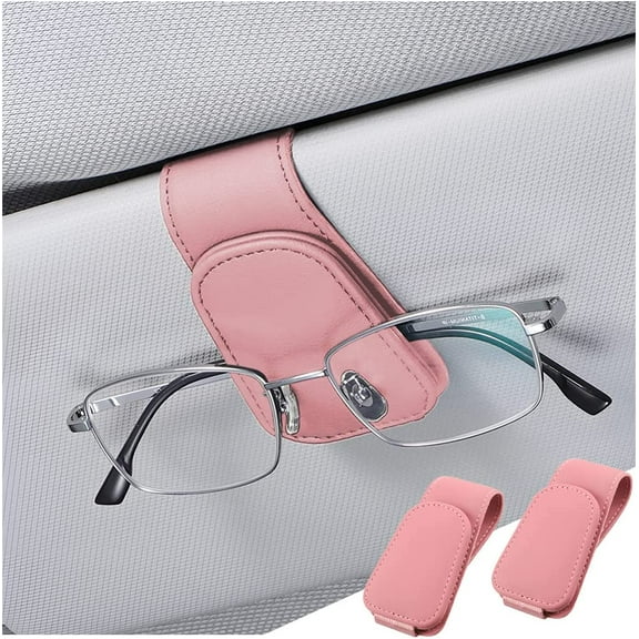 Sunglasses Holder for Car Sun Visor, 2 PCS Magnetic Leather Eyeglass Hanger, Sun Glasses Mount Clip on Visors, Ticket Card Cash Organizer, Auto Interior Accessories (Pink)
