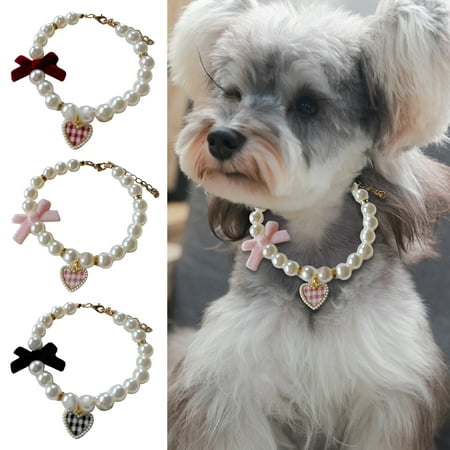 Kuorak Pet Collar Faux Pearl Dog Collar with Heart Bowknot Charm Adjustable Straps Imitation Crystal Pet Collar Jewelry Accessories
