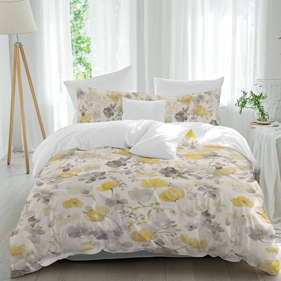 3 Piece Yellow Grey Botanical Duvet Cover Set Full Size,Microfiber Comforter/Quilt Cover with Corner Ties and 2 Pillowcases,Spring Floral Watercolor Rustic All Season Soft Bedding with Zipper Closure