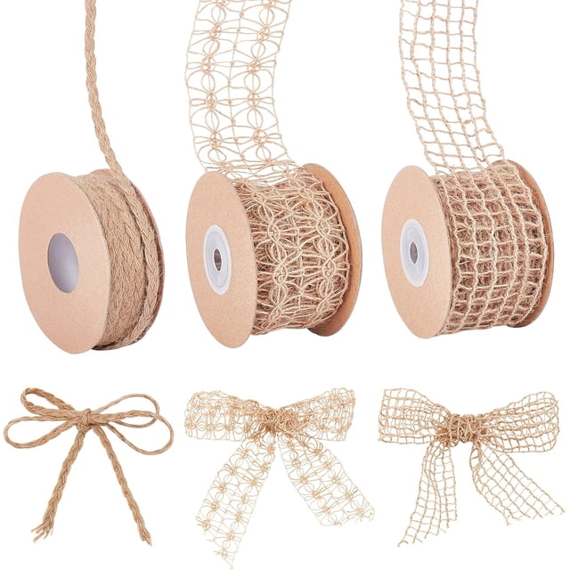 3 rollos de cintas de arpillera para manualidades, 3 tamaños, color tostado natural. Cintas de arpillera con encaje, ideales para manualidades, envolver regalos y decorar fiestas.
