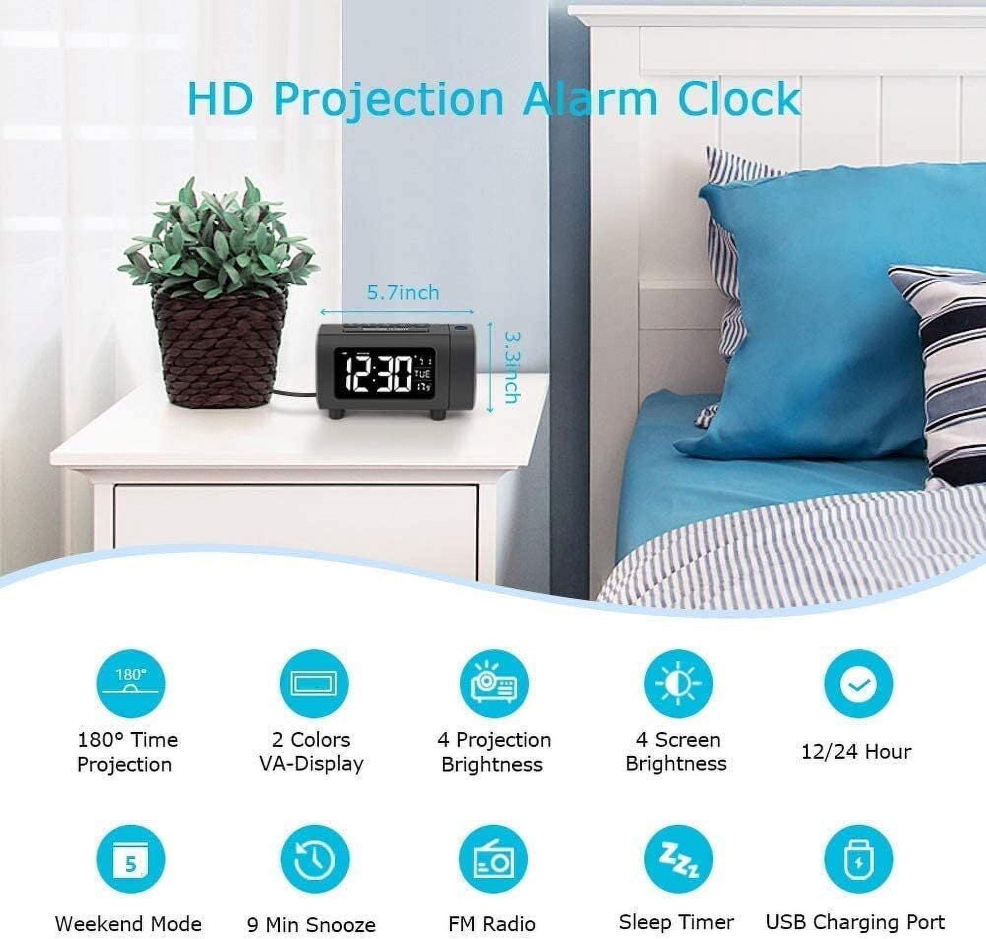 VOCOO Projection Alarm Clock, LED Display Radio Alarm Clock with USB Charger Port, 180° Projector and 4 Dimmer Settings