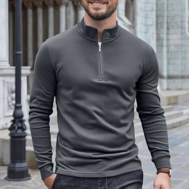 Timdgard Fall Tops for Men Thermal Underwear Zipper Stand Collar Long Sleeve Comfy Fitting Pullover Tops