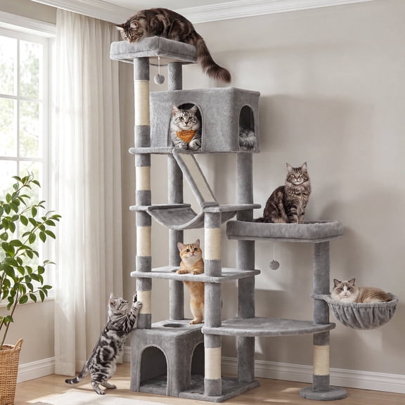Feandrea 74.1-inch Cat Tree Tower for Indoor Extra Large Cats, with Scratching Posts, Scratching Board, Multi-Level Design, Dove Gray