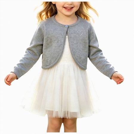 CAUYDY Toddler Girls Kids Fall Winter Bolero Cardigan Sweater Heart Long Sleeve Button Knit Shrug Cropped Cover Up Top Cardigan Jacket Shrug(L101-Grey 13-14 Y)