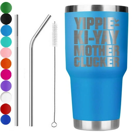 

30oz Thermos cup yippie ki yay motherclucker laser etched tumbler premium (light blue)