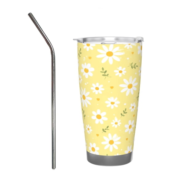 20oz Yellow Daisy Floral Tumbler with Handle and Straw Insulated Travel Coffee Cup Gift with Stainless Steel Straw