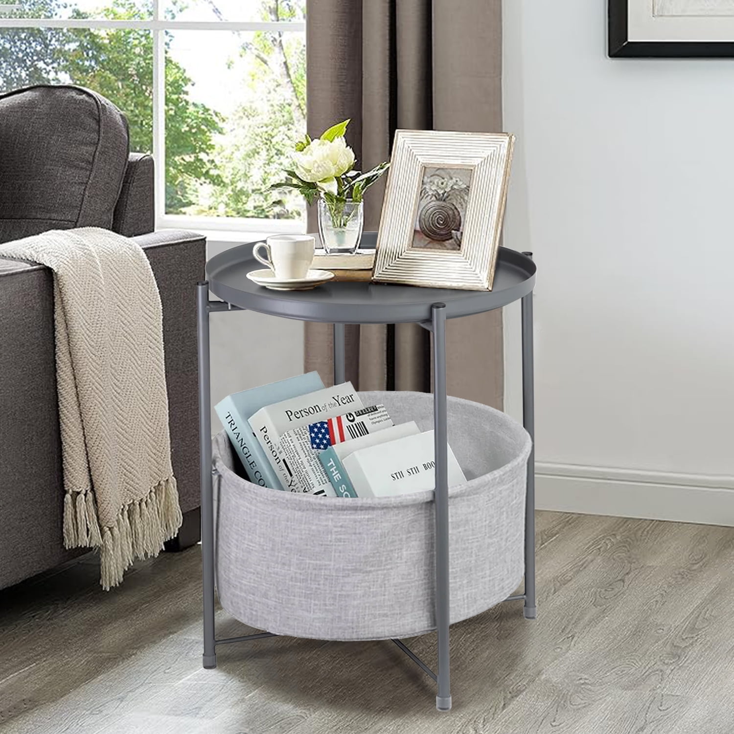 CERBIOR Round Side End Table, Modern Nightstand with Fabric Basket, Gray