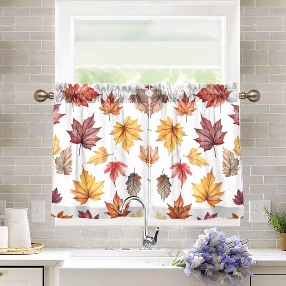 Yayeee Kitchen Curtains Tier Pair Light Filtering 27"x36" Rod Pocket Short Cafe Window Panel, Gray Autumn Leaves