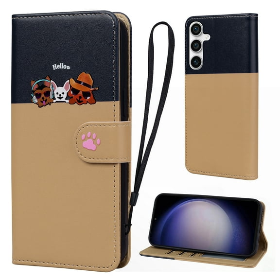 Cute Cartoon Wallet Phone Case for Samsung Galaxy S23 FE, with Card Holder Soft PU Leather Kickstand Cover for Men and Women Magnetic Shockproof Protective with Lanyard, Khaki
