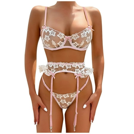 

OVTICZA Women s Sexy Babydoll Lingerie Teddy Ruffle Lingerie Set Floral Mesh Bra and Panty Sets with Garter M Pink