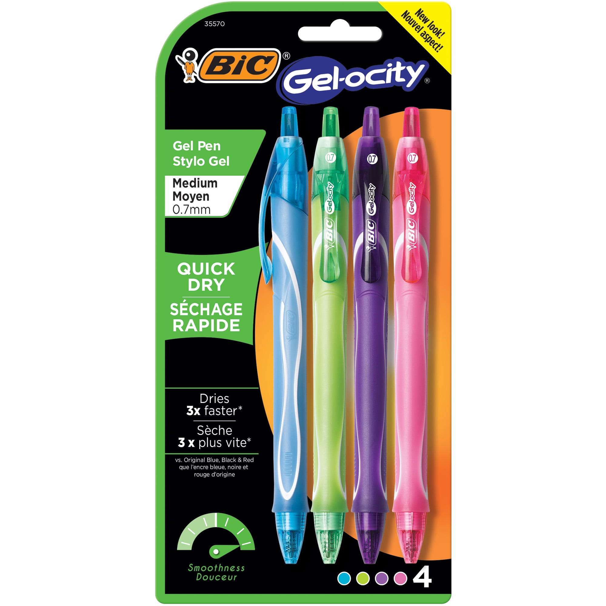 BIC Gelocity Quick Dry Retractable Fashion Gel Pen, Medium Point (0.7 mm), Assorted Colors, 4-Count