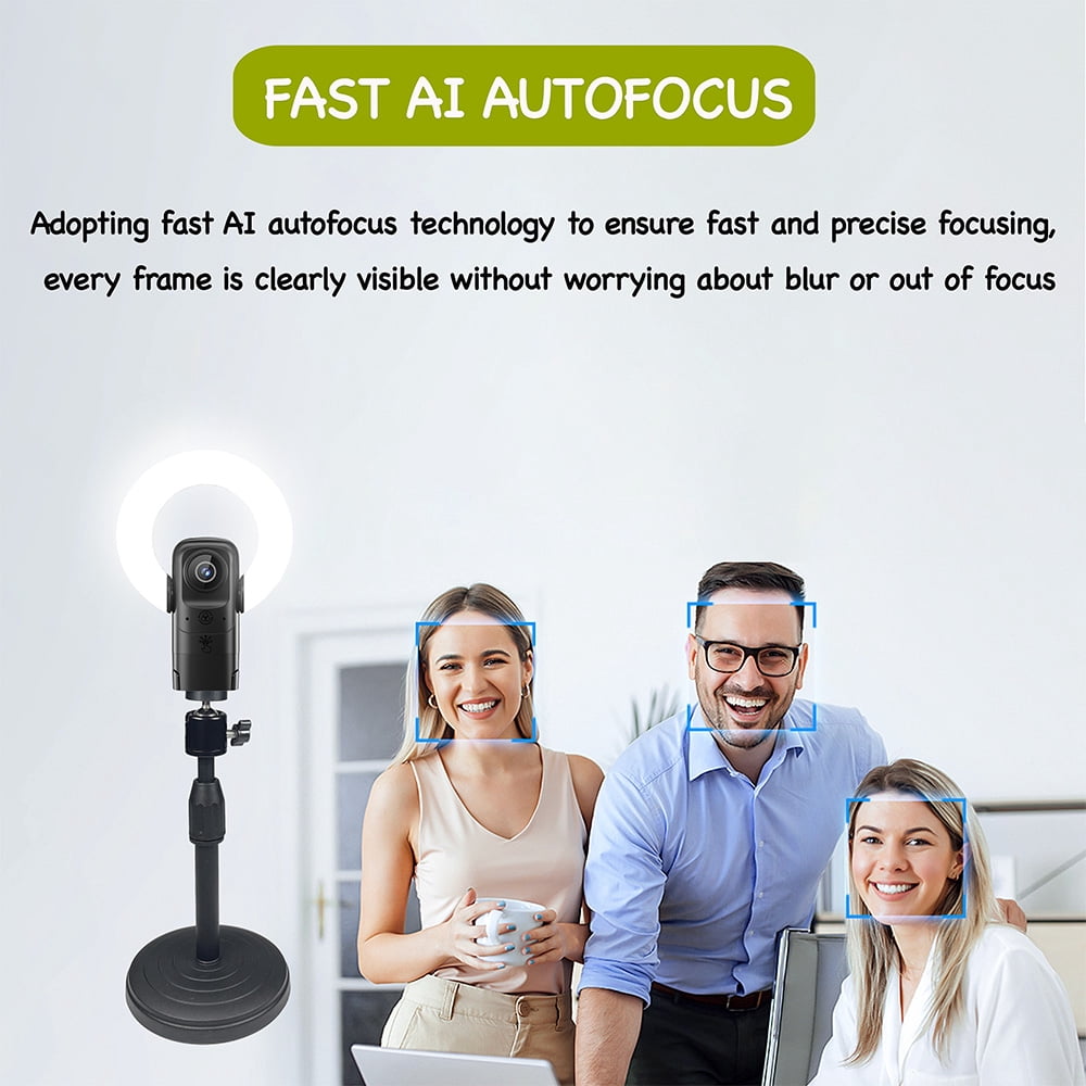 4K Webcam with AI Autofocus, Ring Light, Remote Control, Noise-Cancelling Mic for Streaming, Meetings, Classes