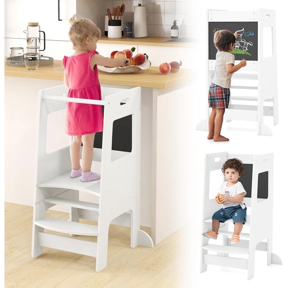 OLAKIDS Toddler Standing Tower, Kids Montessori Kitchen Step Stool Helper with 2 Adjustable Height Learning Blackboard Safety Rail Wooden, Anti-Slip Mats, 1-3 Year Old Boy Girl Gifts