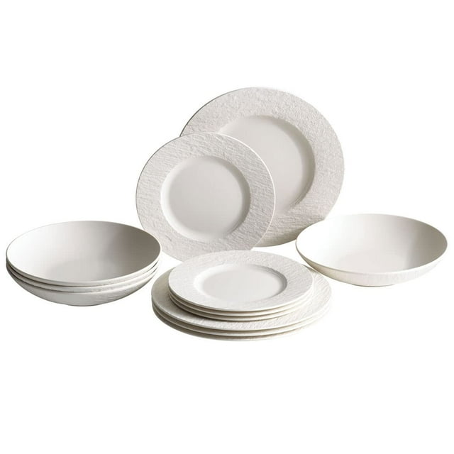 Villeroy & Boch Manufacture Rock Blanc Vajilla De 12 Piezas Para 4 Platos Y Cuencos Porcelana Premium Fabricado En Alemania Blanco Grande