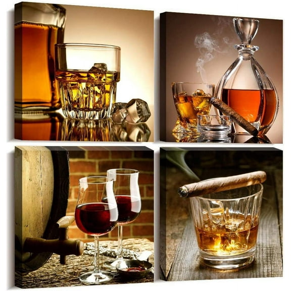 kitchen Wall Decor Canvas Art Still life wine glass Wall Art Decor Ready to Hang for Home Decoration bedroom dining room pub wall mural Artwork 16" x 16" 4 Pieces Framed Canvas posters Prints Painting