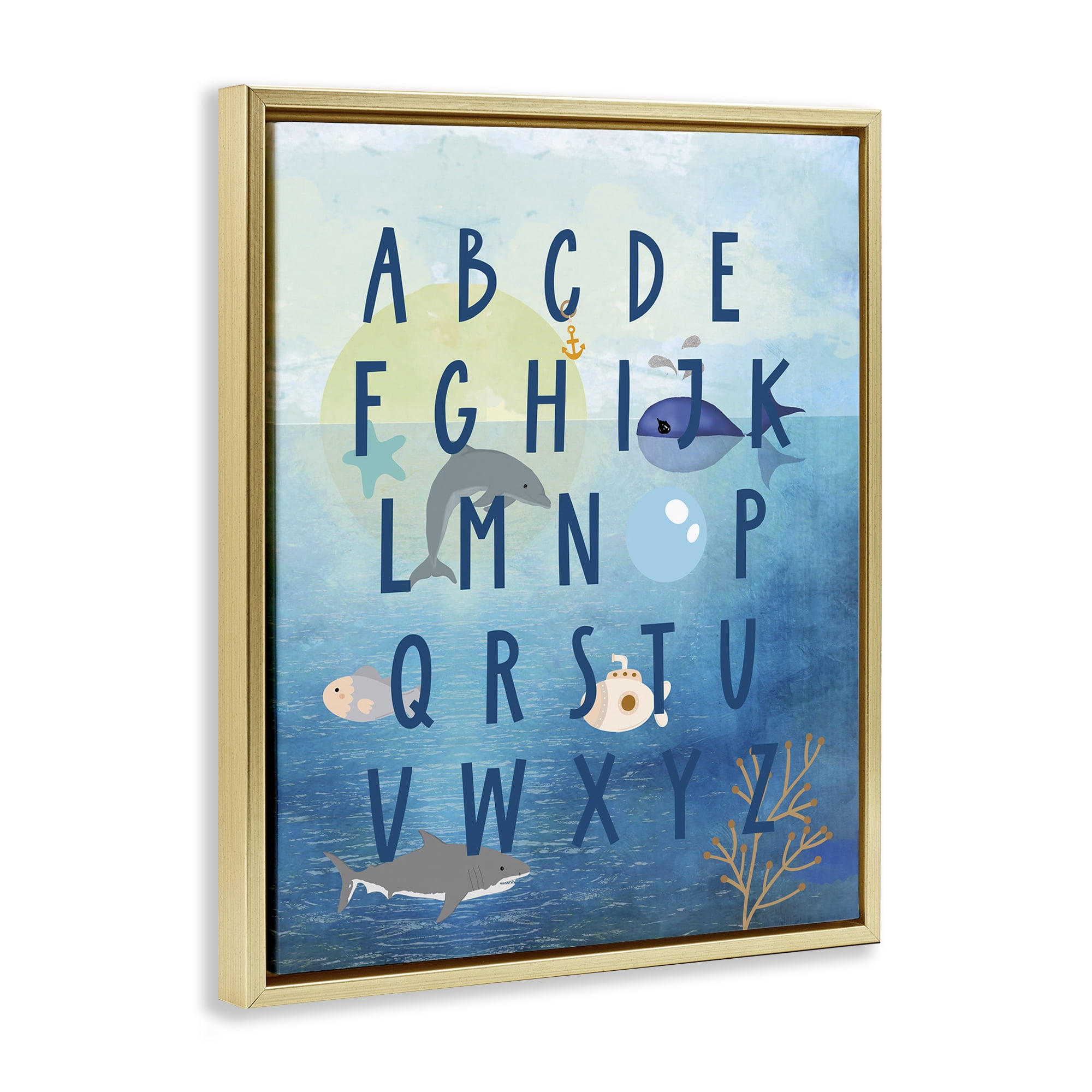 Stupell Industries Sea Creatures Alphabet Animals & Insects Painting Gold Floater Framed Art Print Wall Art, 17 x 21