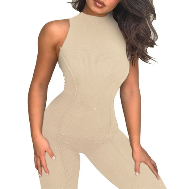 Gibobby Pantalones cortos Mono ajustado sexy ajustado sin mangas con cintura alta y realce de cadera para mujer(Beige, S)