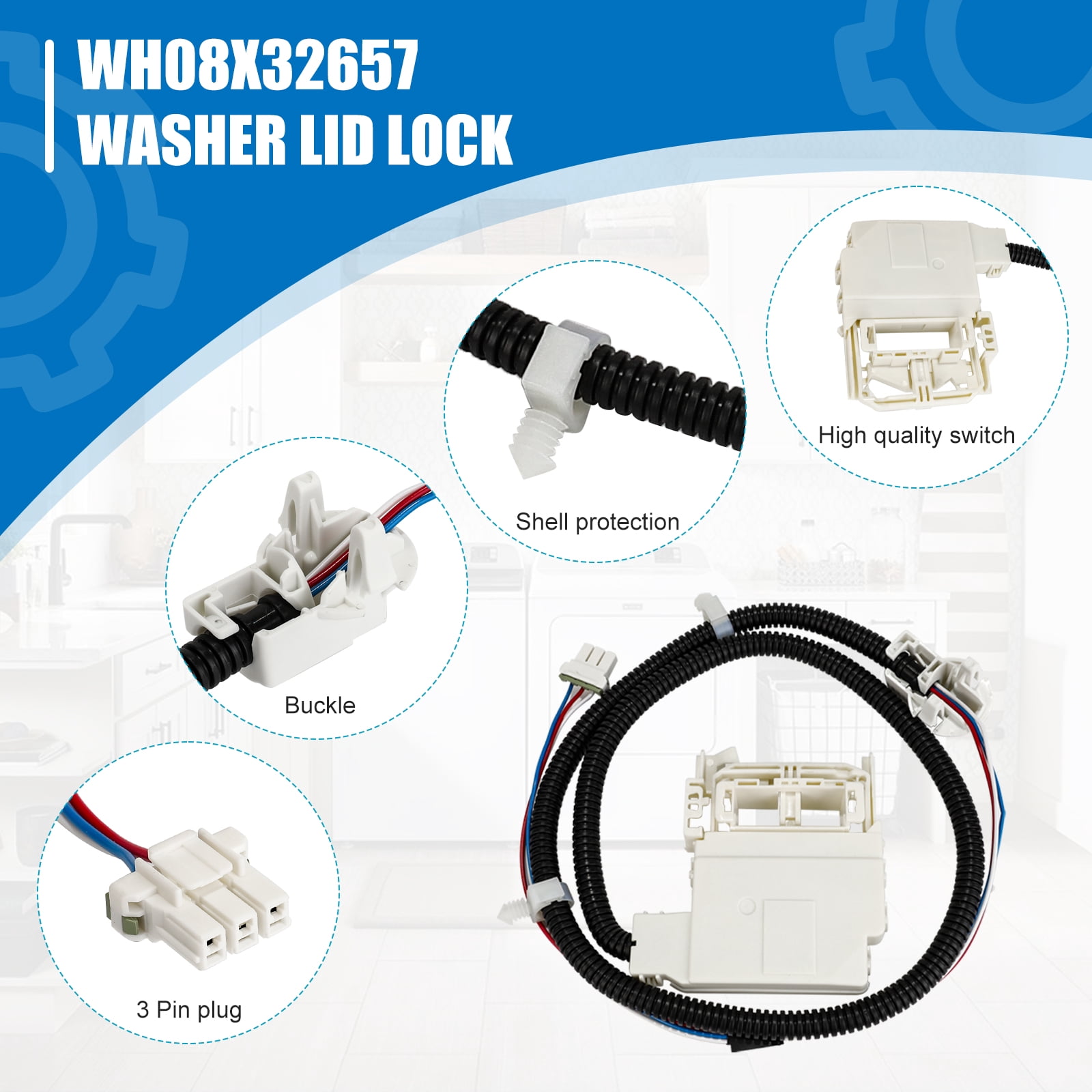 3mirrors WH08X32657 Washer Lid Switch with Wire Harness for GE Washing Machines Replacement Parts Compatible with Most Ge Washer Lid Lock Switch Replace