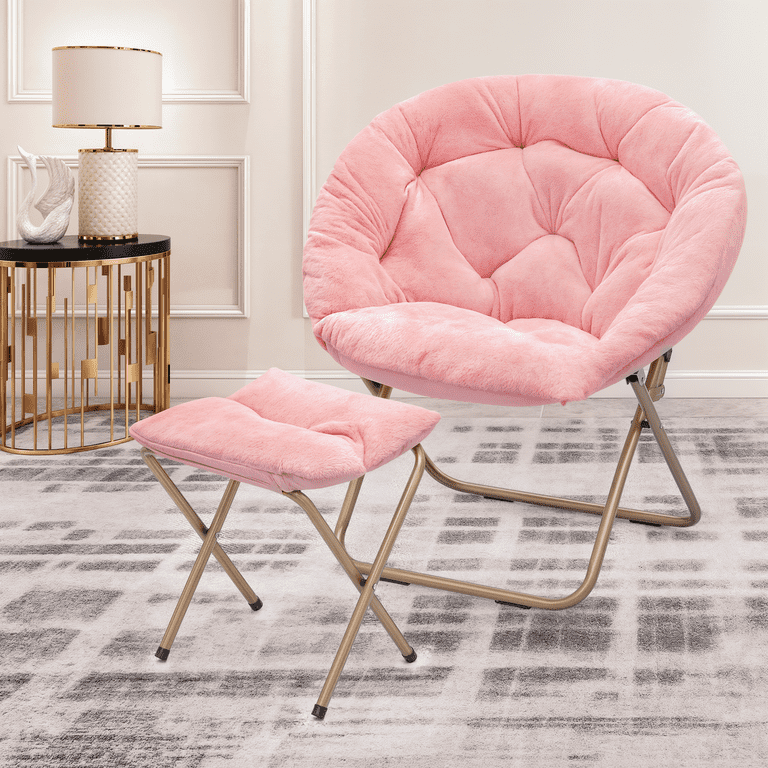 MoNiBloom Oversize Round Faux Fur Saucer Chair with Ottoman Set