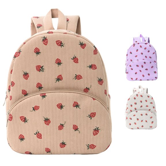 CUZIBR Corduroy Strawberry Print Mini Backpack Adjustable Shoulder Strap Kids Backpack Cute Fruit Pattern Small School Bag Daypack For Little Girls Travel Back To School Use