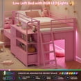 thumbnail image 2 of Low Loft Bed with Desk and LED Lights, Twin Size Loft Bed Frame with 6 Storage Drawers, Bookshelf and Under-Bed Play Space, Twin Bed Frame with Safety Guardrail&Ladder for Bedroom, Pink, 2 of 9