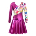 thumbnail image 4 of Doomiva Kids Girls Printed Patchwork Long Sleeve Gymnastics Ballet Dance Leotard Bodysuit with Pleated Skorts Skirt Set Rose 8, 4 of 7