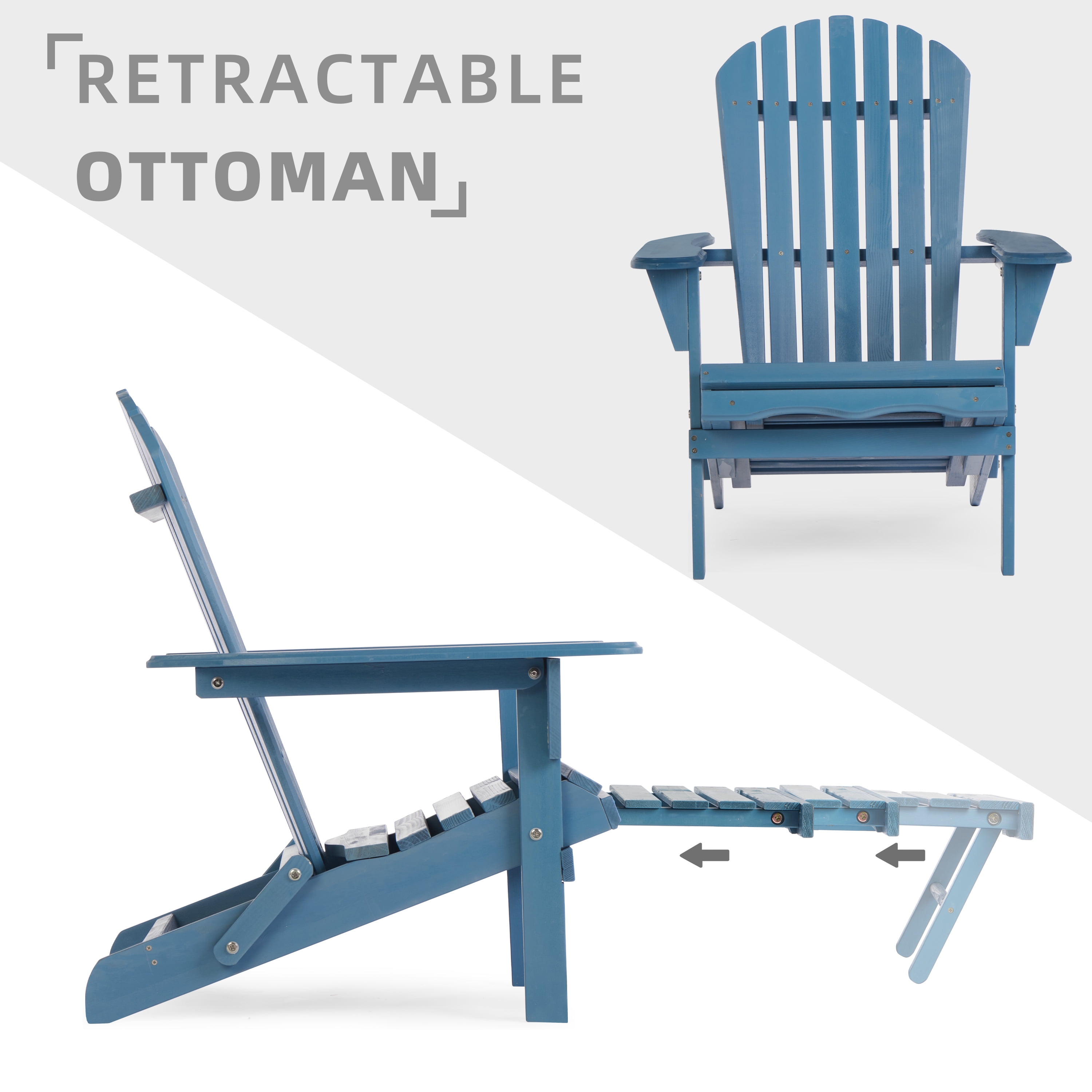 Outdoor Wooden Folding Adirondack Chair with Retractable Ottoman, Pre-Assembled BackRest & SeatBoard, Wood Patio Chair for Garden Backyard Porch Pool Deck Firepit