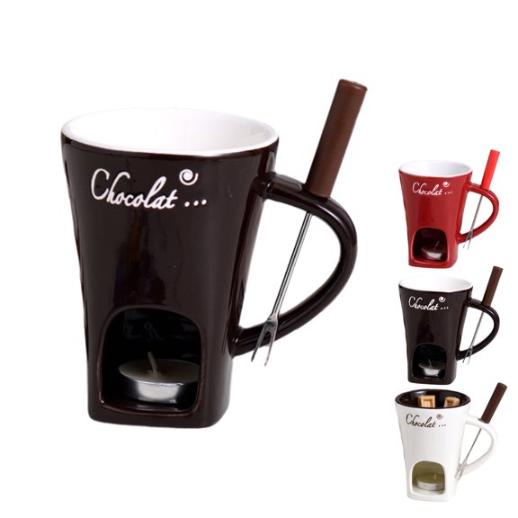 Fondue Cups Tealight, Chocolate Melting Cup, Ceramic Hot Chocolate Cups with Fork, Multi-Purpose Fondue Coffee Cup, Fondue Mugs, Chocolate Melting Mug, Chocolate Fondue Cup