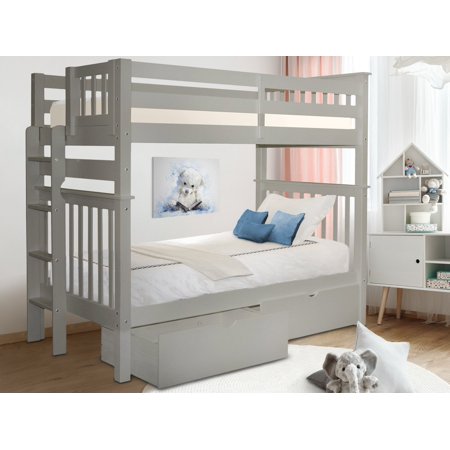 Bedz King Tall Bunk Beds Twin over Twin Mission Style with End Ladder and 2 Under Bed Drawers  Gray