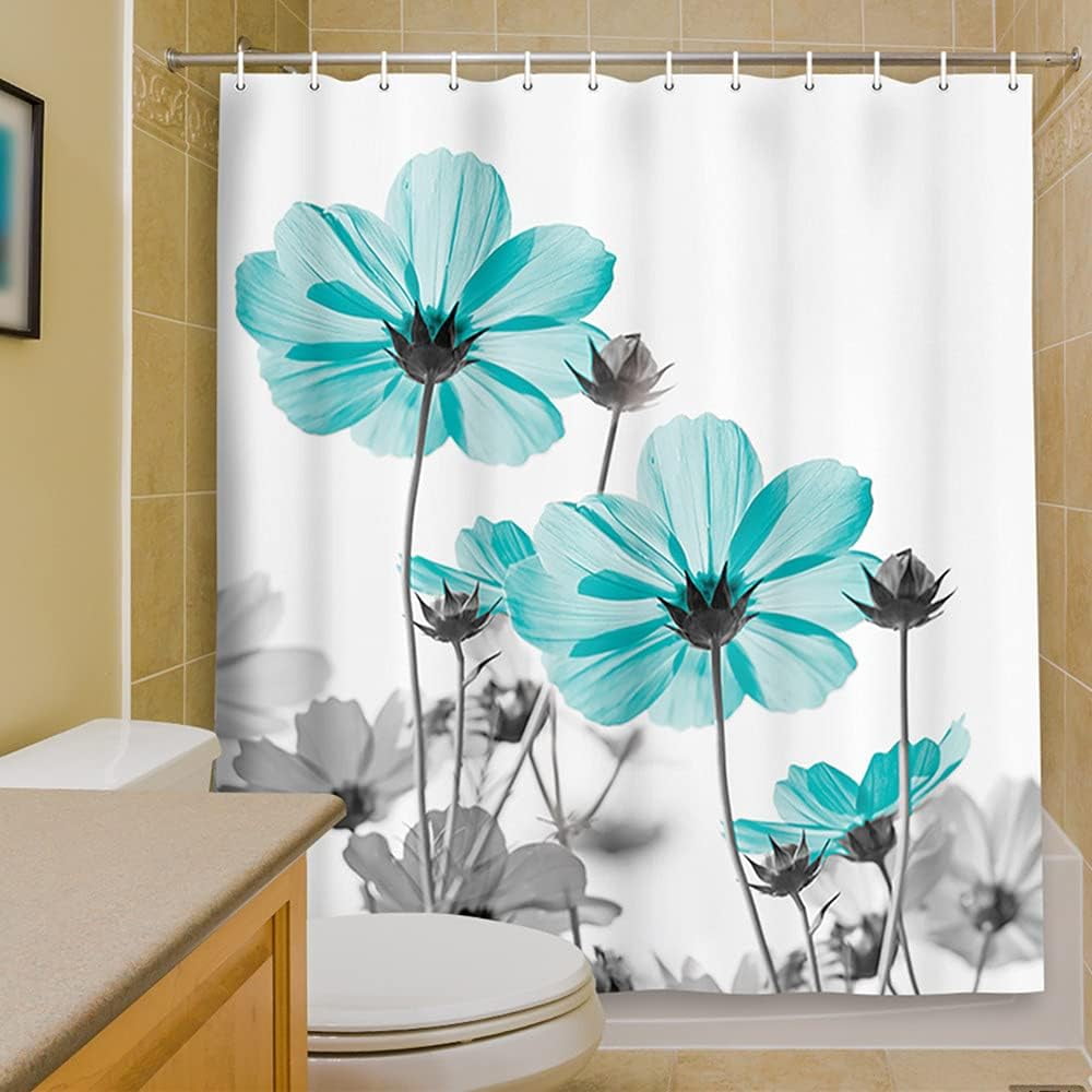 Unique Floral Shower Curtain for Bathroom Decor, Teal and Gray Daisy Flower Elegant Wildflower Desi, 72X72in