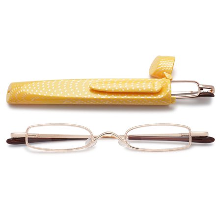 MAGIMODAC Compact Reading Glasses Men Women Portable Mini Metal Mini Eyeglasses Eyewear Pocket Readers With Case (Gold, +2.5)