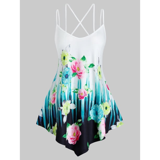 Tallas de flores de talla grande Tún sin mangas de correa cruzada cruzada Rosegal Camisetas sin mangas de talla grande