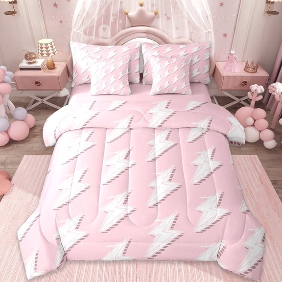 Erosebridal Cartoon Lightning 7-Piece Twin Bedding Sets,Pink And White Bedding Comforter Set For Girls Kids,Reversible