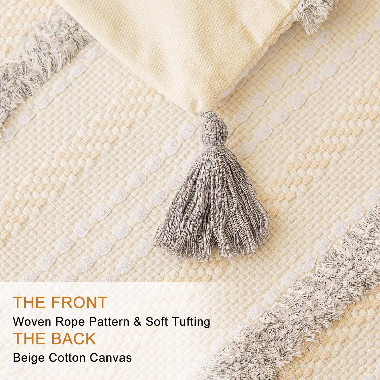 Skodaer 2 Pack Boho Decorative Throw Pillow Covers Tufted Woven with Tassel Series Pillow Case,20x20,Light Grey