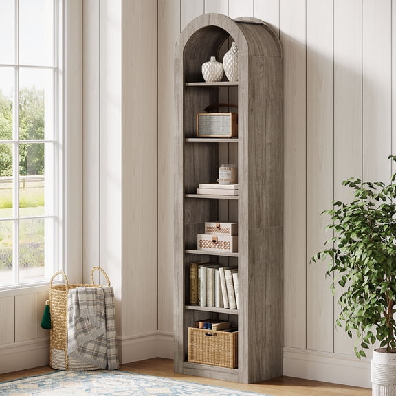 Tribesigns 74.8" Tall Arched Bookshelf, 6-Tier Narrow Open Bookcase, Floor Standing Corner Display Shelves Storage Organizer for Small Space, Home Office, Living Room (Gray)