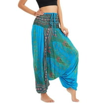 Previn Women's Yoga Pants Boho Bohemian High Waisted Baggy Stretch Boho Comfy Beach Dance Loose Harem Pants Casual Pants Blue One Size