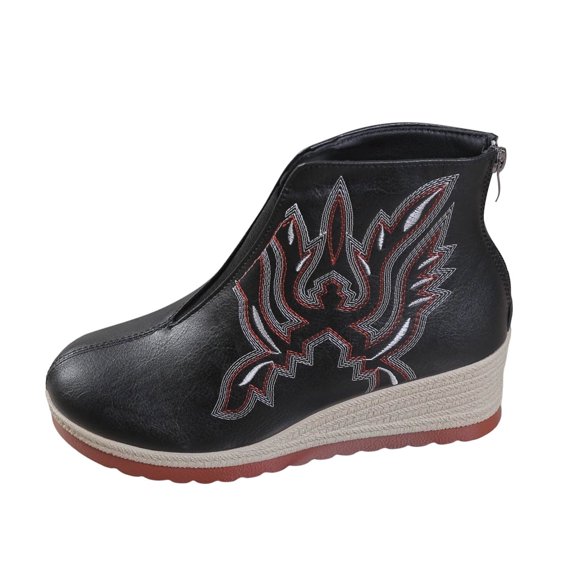 Black Womens Ankle Boots Wedge Heel Embroidery Elastic Side Zipper Fashion Casual Comfortable Non-Slip Winter Short Booties