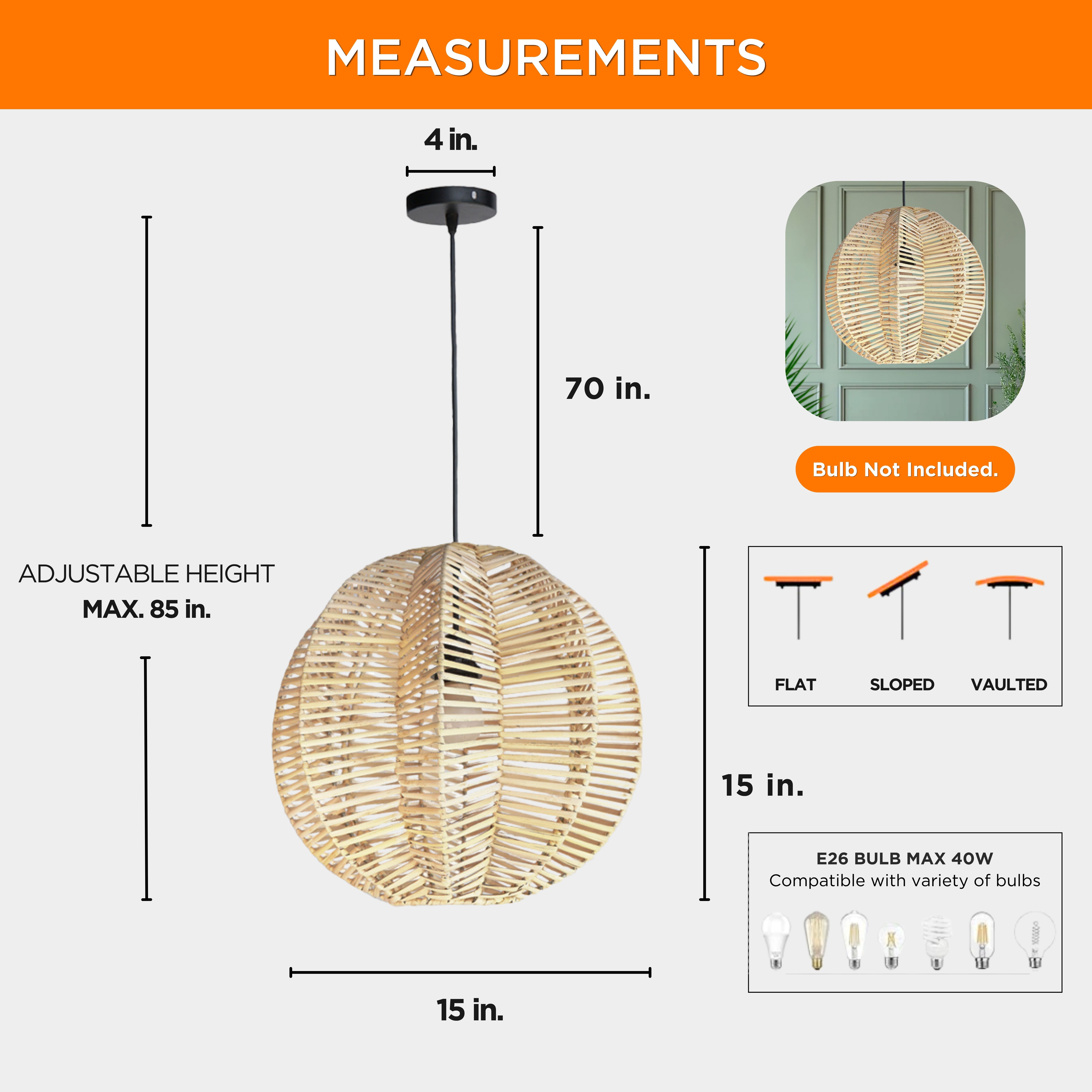 FOREVER BAMBOO Indonesian Hand-Woven Natural Rattan Pendant Light Fixture Circle Shape Woven Wicker Lampshade Chandelier Interior Decor, 15 in H x 15 in W