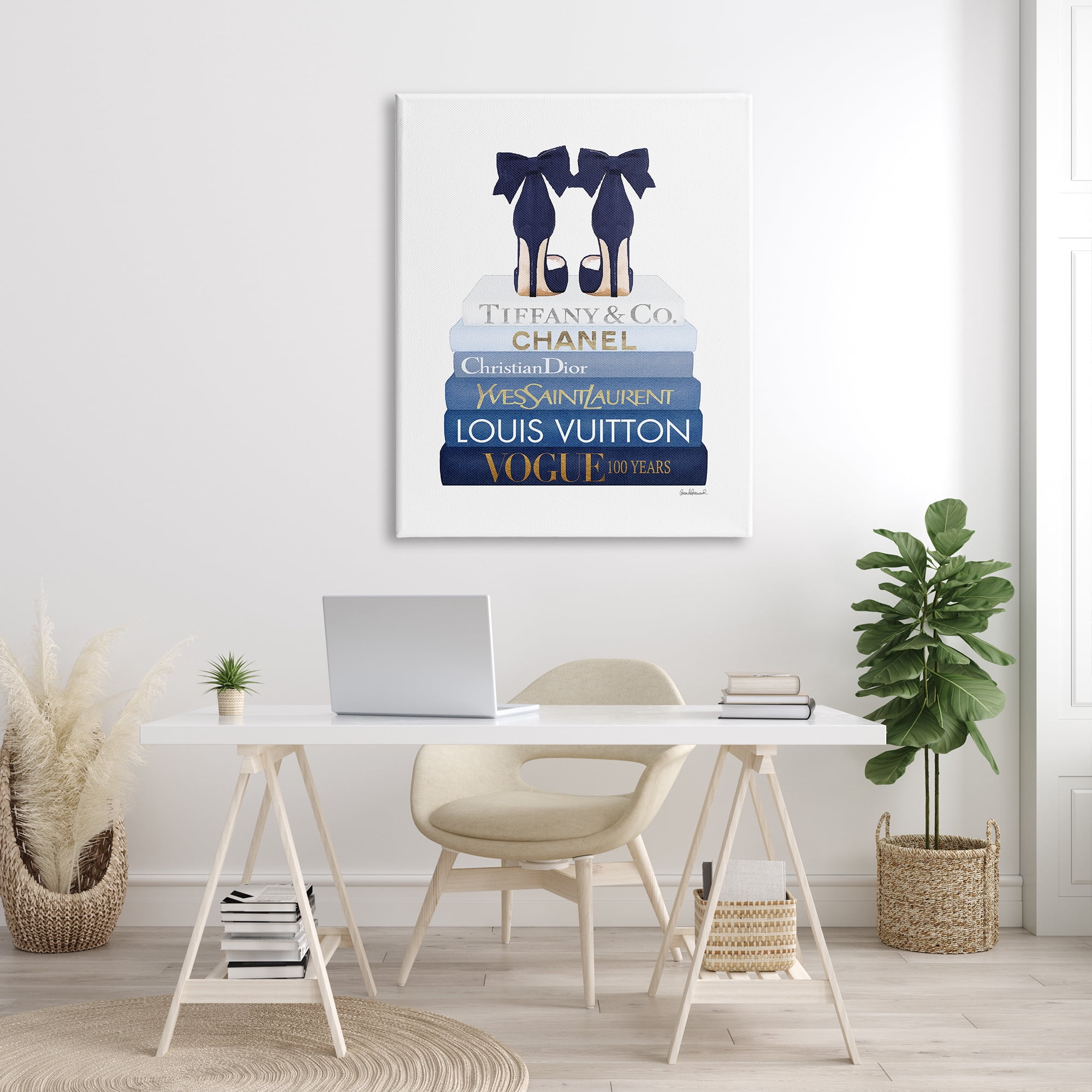 Stupell Industries Navy Blue Bow Heels Chic Glam Bookstack Beauty & Fashion Painting Gallery Wrapped Canvas Print Wall Art, 36 x 48