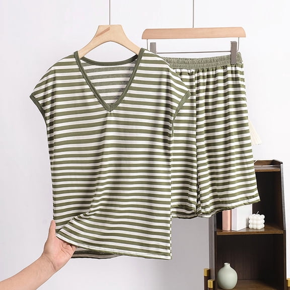 Wensltd Lightweight Pajamas for Women Sets 2 Piece Summer Soft Stripe Short Sleeve Sleepwear
