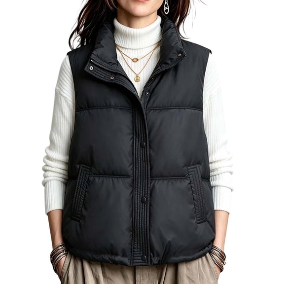 Rrxhxhs Vest for Women Solid Color Stand Collar Zip Up Padded Warm Casual Sleeveless Puffer Jacket with Side Pockets,Black,L