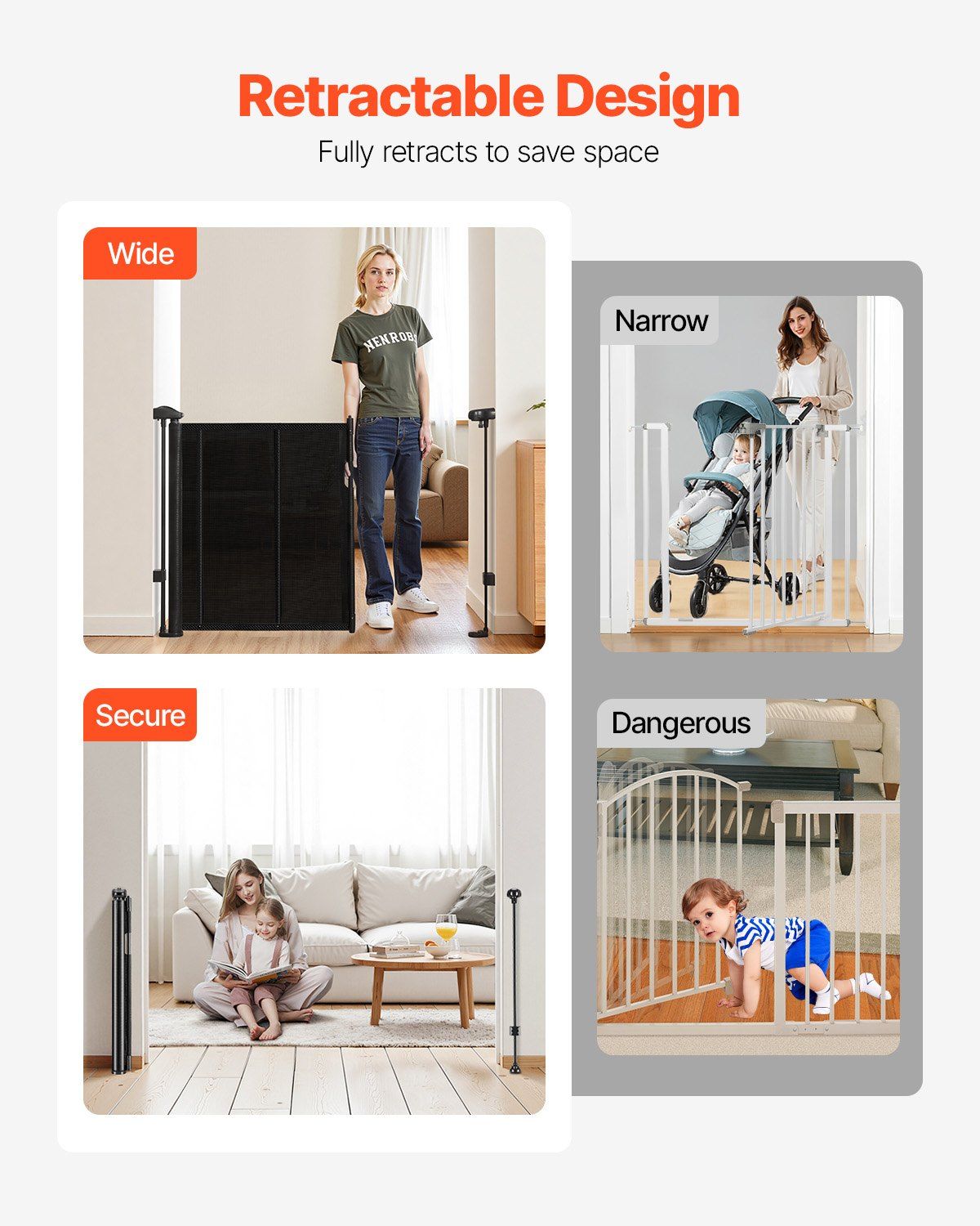 Retractable Baby Gate 34 in Tall, Extends to 55 in Wide, Adjustable Black Mesh Gate for Kids and Pets, Anti-Crawl Bottom Strip, One-Handed Operation, Durable Scratch-Resistant Mesh, Space-Saving