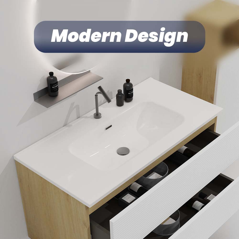 CITTANEO 36 inch Integrated White Ceramic Basin, Vessel Bathroom Vanity Sink with one predrilled faucet hole, drain assembly NOT included