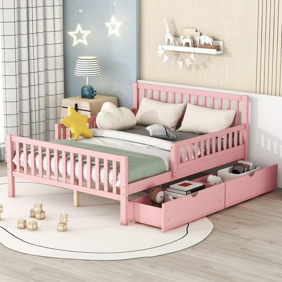 Pinovk Full Size Wood Platform Bed with Guardrails on Both Sides and Two Storage Drawers ,Pink