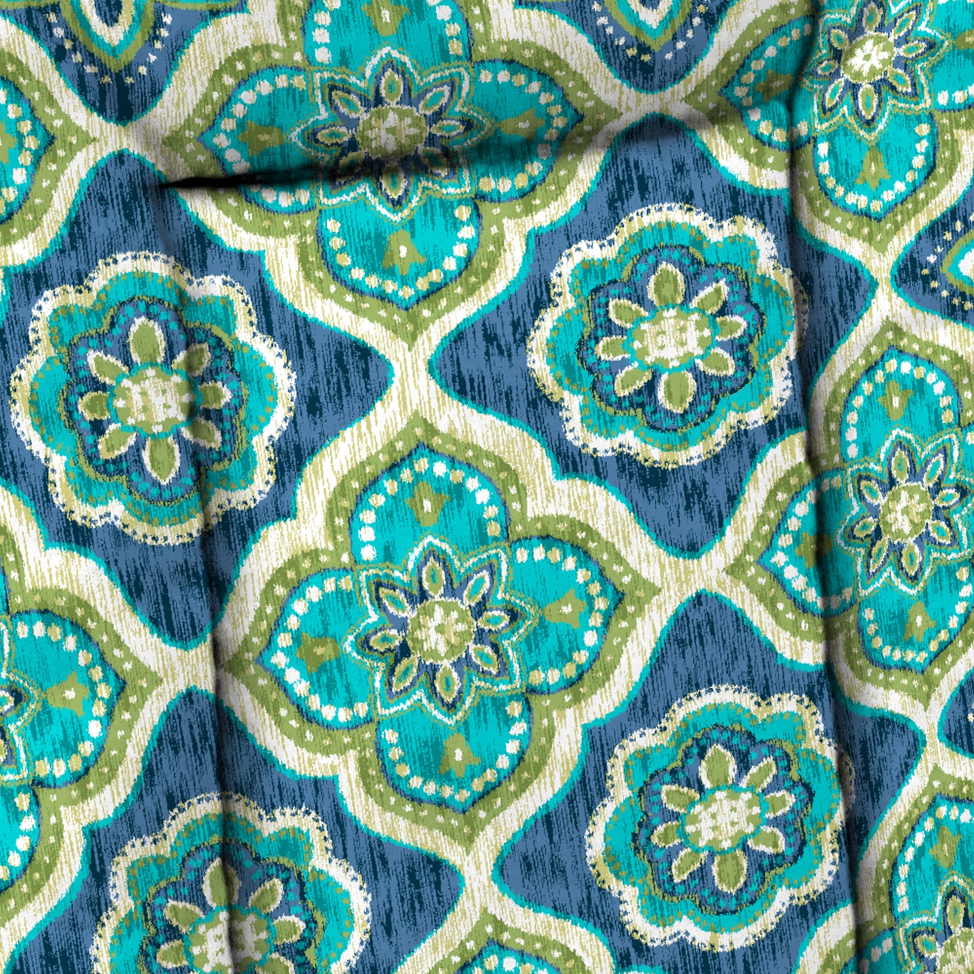 Jordan Manufacturing 38" x 21" Adonis Capri Teal Medallion Rectangular Outdoor Wrought Iron Chair Cushion with Ties and Hanger Loop