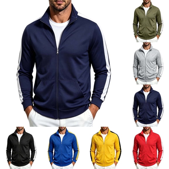 DYTTDG Men's Stand Collar Full Zip Striped Sleeve Sweatshirt Jacket, Loose Soft Side Pocket Casual Daily Outdoor Layering Coat