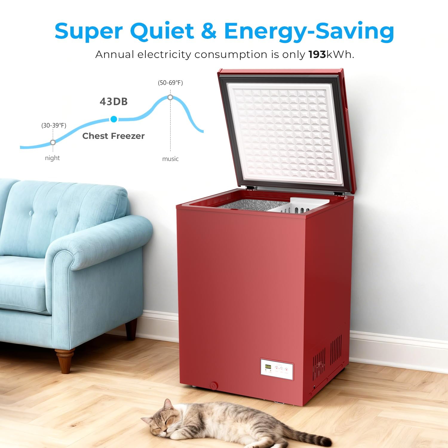 Auseo 3.8 Cu.Ft Chest Freezer Low Temperature Freezer with Removable Basket,Free Standing Top open Door Deep Freezer, Adjustable Temperature for Home, Basement, Kitchen, Red