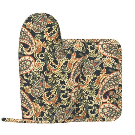 

Paisley Pattern No.9086 Oven Mitts and Pot Holders Sets with 1 Non-Slip Left Silicone Oven Mitts and 1 Heatproof Insulated Hot Pads for Kitchen Use in Cooking Baking Grilling