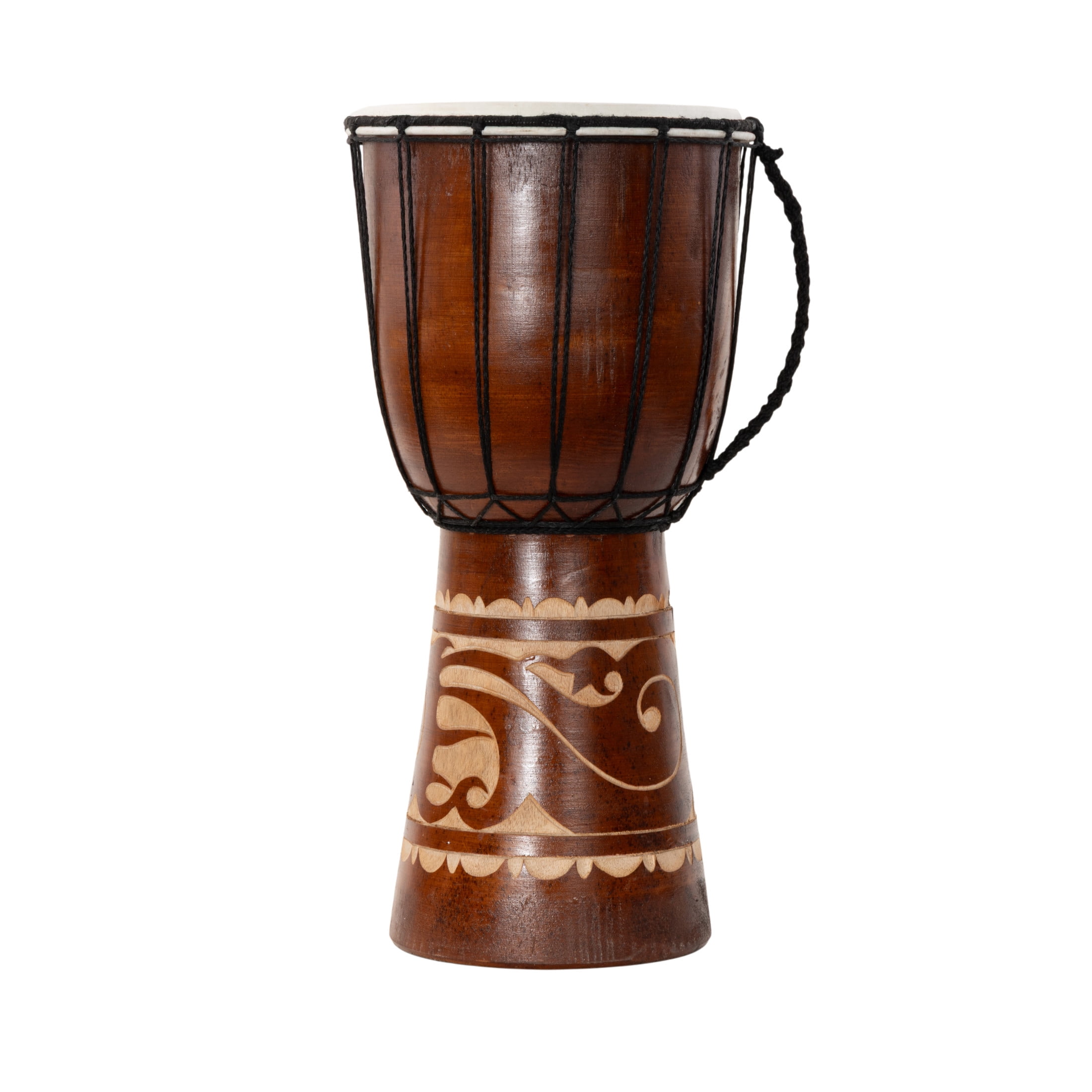 DecMode Eclectic Handmade Djembe Wood Drum Sculpture, 9"W x 16"H Features Ornate/Cow Leather Top Details and Polished Brown Finish